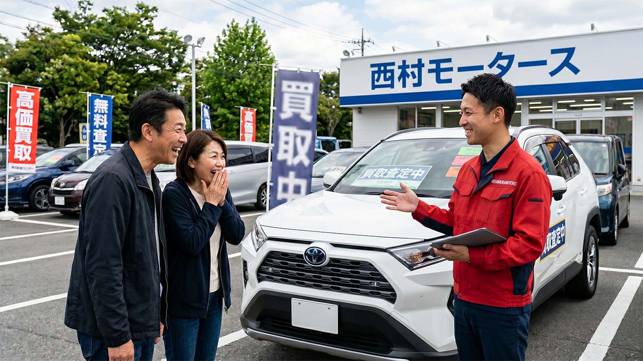 店舗の前で、赤い作業ジャンパーを着たスタッフがお客様ご夫婦に笑顔で査定や下取りの説明を行っている様子